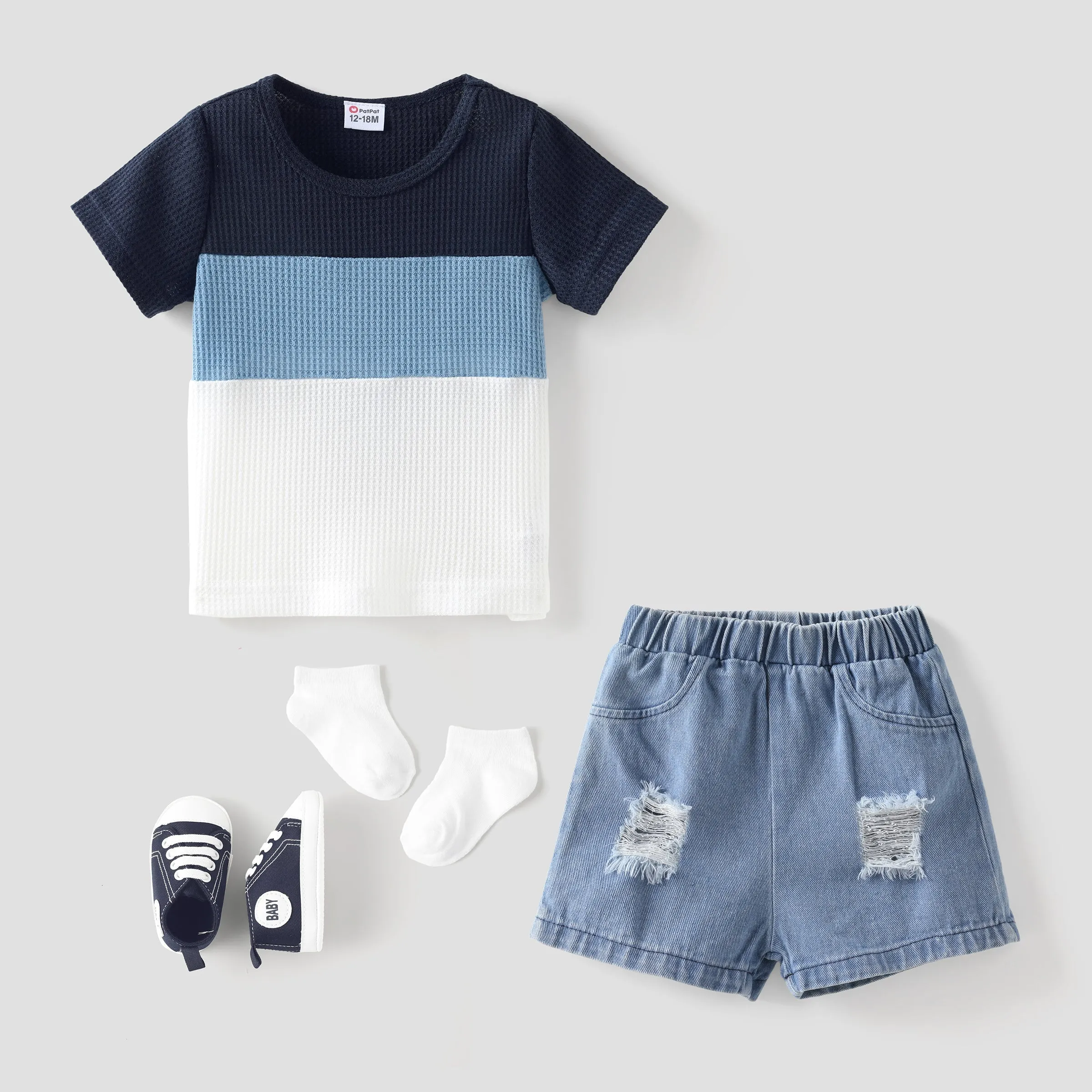 2pcs Baby Boy Color Block Waffle Top and 100% Cotton Ripped Denim Shorts Set