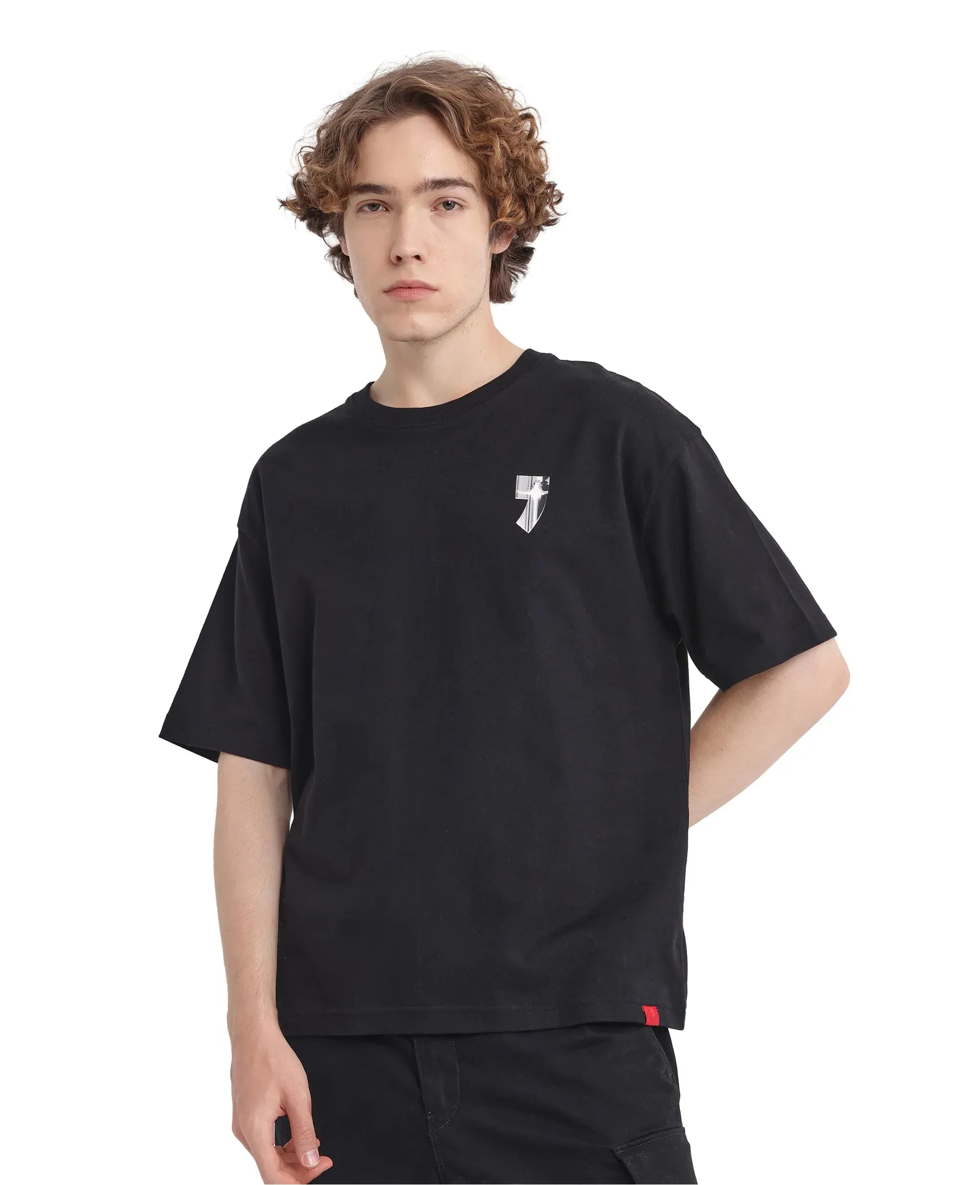 Rare Rabbit Men Keltz Black Cotton Fabric Short Sleeve Crew Neck Oversized Fit Printed T-Shirt